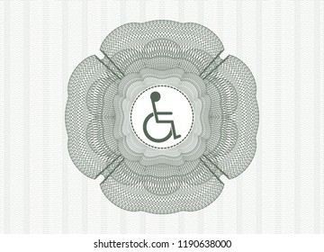 Green rosette (money style emblem) with disabled (wheelchair) icon inside