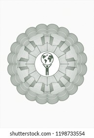 Green rosette or money style emblem with man lifting world icon inside