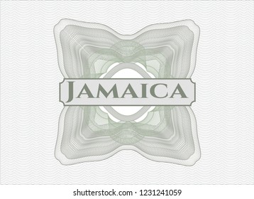 Green rosette or money style emblem with text Jamaica inside