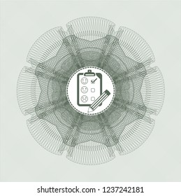 Green rosette or money style emblem with customer feedback icon inside