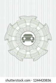 Green rosette or money style emblem with car seen from front icon inside