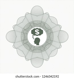 Green rosette (money style emblem) with thinking in money icon inside