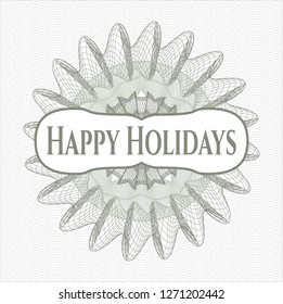 Green rosette (money style emblem) with text Happy Holidays inside