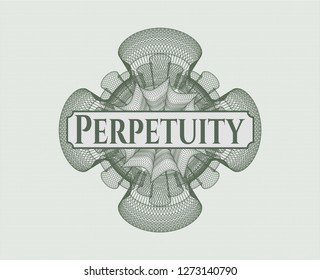 Green rosette (money style emblem) with text Perpetuity inside