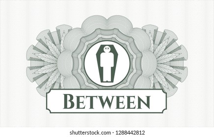 Green rosette or money style emblem with dead man in his coffin icon and Between text inside