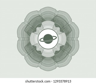 Green rosette or money style emblem with planet, saturn icon inside