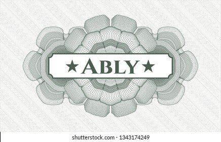 Green rosette or money style emblem with text Ably inside
