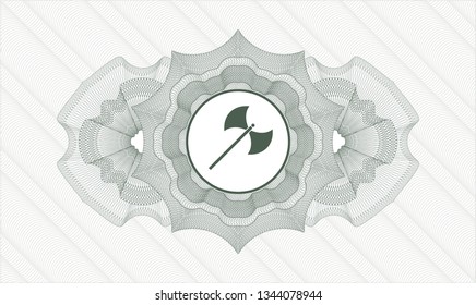 Green rosette or money style emblem with medieval axe icon inside