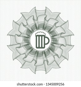 Green rosette (money style emblem) with beer jar icon inside