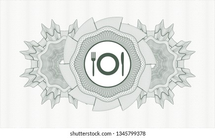 Green rosette or money style emblem with restaurant icon inside