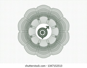 Green rosette (money style emblem) with gender dysphoria icon inside