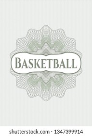 Green rosette or money style emblem with text Basketball inside