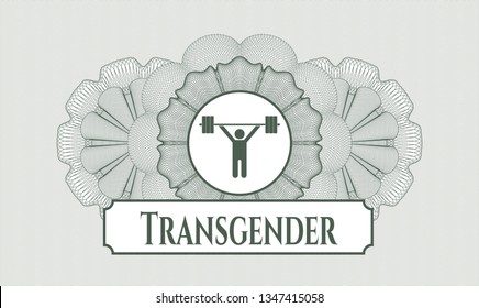 Green rosette (money style emblem) with weightlifting icon and Transgender text inside