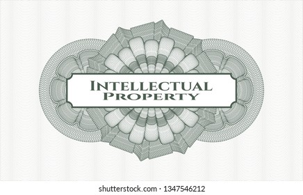 Green rosette or money style emblem with text Intellectual property inside