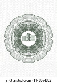 Green rosette (money style emblem) with buildings icon inside