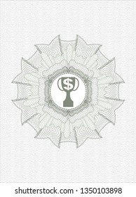 Green rosette or money style emblem with trophy with money symbol inside icon inside