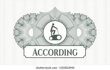 Green rosette or money style emblem with stationary bike icon and According text inside