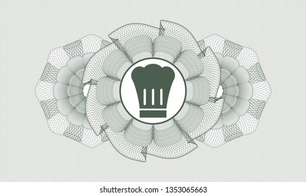 Green rosette (money style emblem) with chef hat icon inside