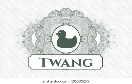 Green rosette (money style emblem) with rubber duck icon and Twang text inside
