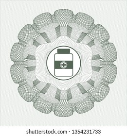 Green rosette (money style emblem) with medicine bottle icon inside