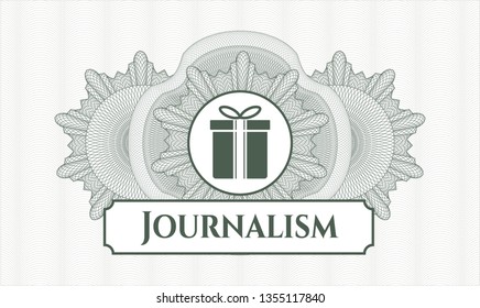 Green rosette or money style emblem with gift box icon and Journalism text inside