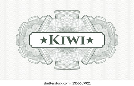 Green rosette or money style emblem with text Kiwi inside