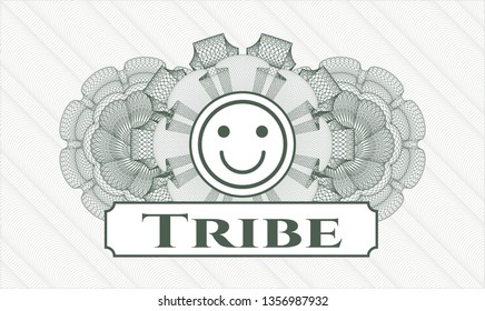 Green rosette or money style emblem with happy face icon and Tribe text inside