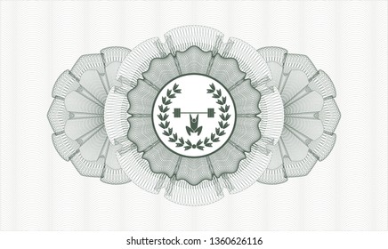 Green rosette or money style emblem with weightlifting inside of crown icon inside