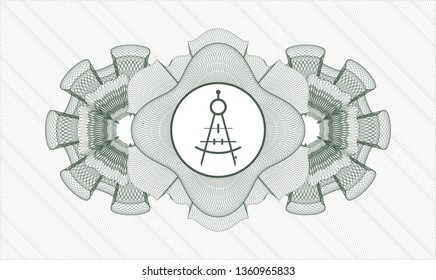 Green rosette or money style emblem with drawing compass icon inside