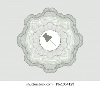 Green rosette or money style emblem with paper pin icon inside