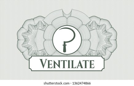 Green rosette (money style emblem) with sickle icon and Ventilate text inside