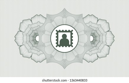 Green rosette or money style emblem with picture icon inside