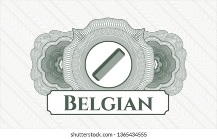 Green rosette or money style emblem with hair comb icon and Belgian text inside