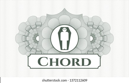 Green rosette or money style emblem with dead man in his coffin icon and Chord text inside