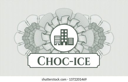Green rosette or money style emblem with buildings icon and Choc-ice text inside