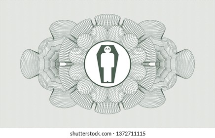 Green rosette (money style emblem) with dead man in his coffin icon inside