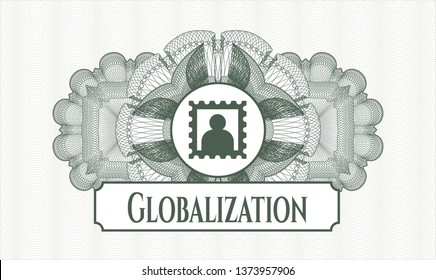 Green rosette or money style emblem with picture icon and Globalization text inside