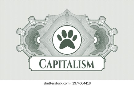 Green rosette or money style emblem with paw icon and Capitalism text inside