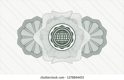 Green rosette or money style emblem with international icon inside