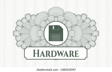Green rosette (money style emblem) with diskette icon and Hardware text inside