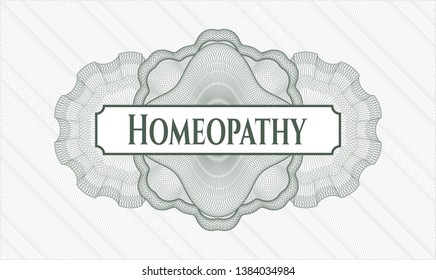 Green rosette or money style emblem with text Homeopathy inside