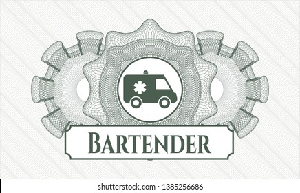 Green rosette or money style emblem with ambulance icon and Bartender text inside