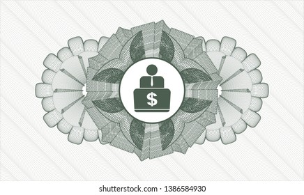 Green rosette or money style emblem with man working on computer icon inside