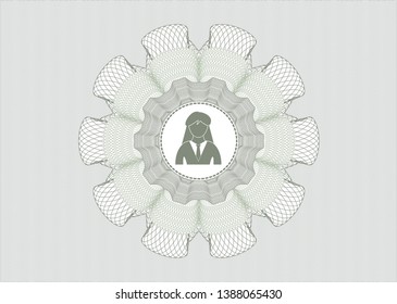 Green rosette (money style emblem) with businesswoman icon inside