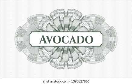Green rosette (money style emblem) with text Avocado inside