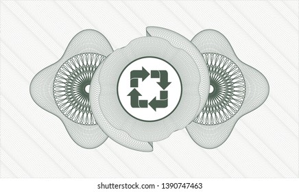 Green rosette or money style emblem with recycle icon inside