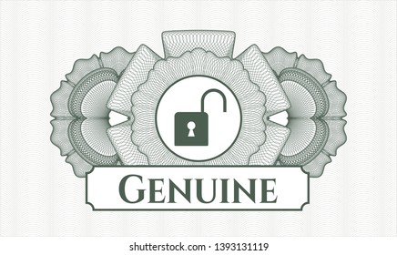 Green rosette or money style emblem with open lock icon and Genuine text inside