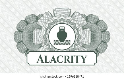 Green rosette or money style emblem with ship icon and Alacrity text inside