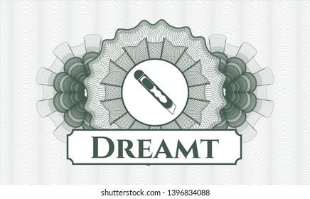 Green rosette or money style emblem with cutter icon and Dreamt text inside