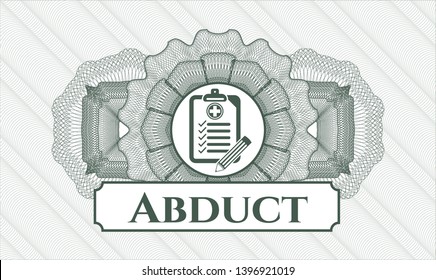 Green rosette or money style emblem with clinic history icon and Abduct text inside